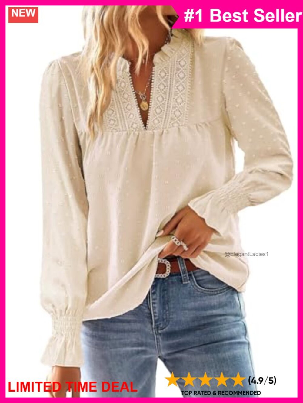 V-Neck Crochet Lace Blouse Swiss Dot Long Sleeve Dressy Casual Top